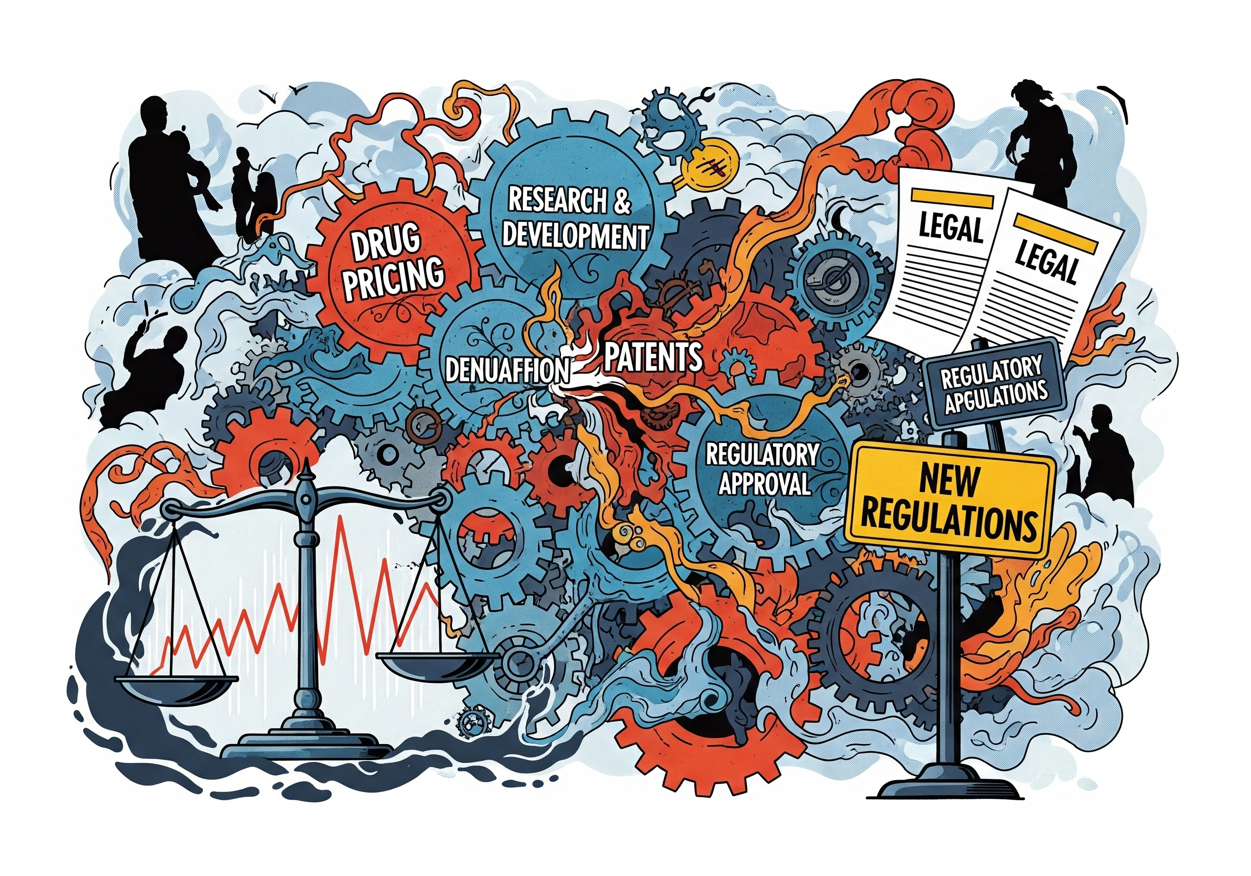A tangled maze overlaid with FDA documents and a pill bottle, symbolizing regulatory confusion