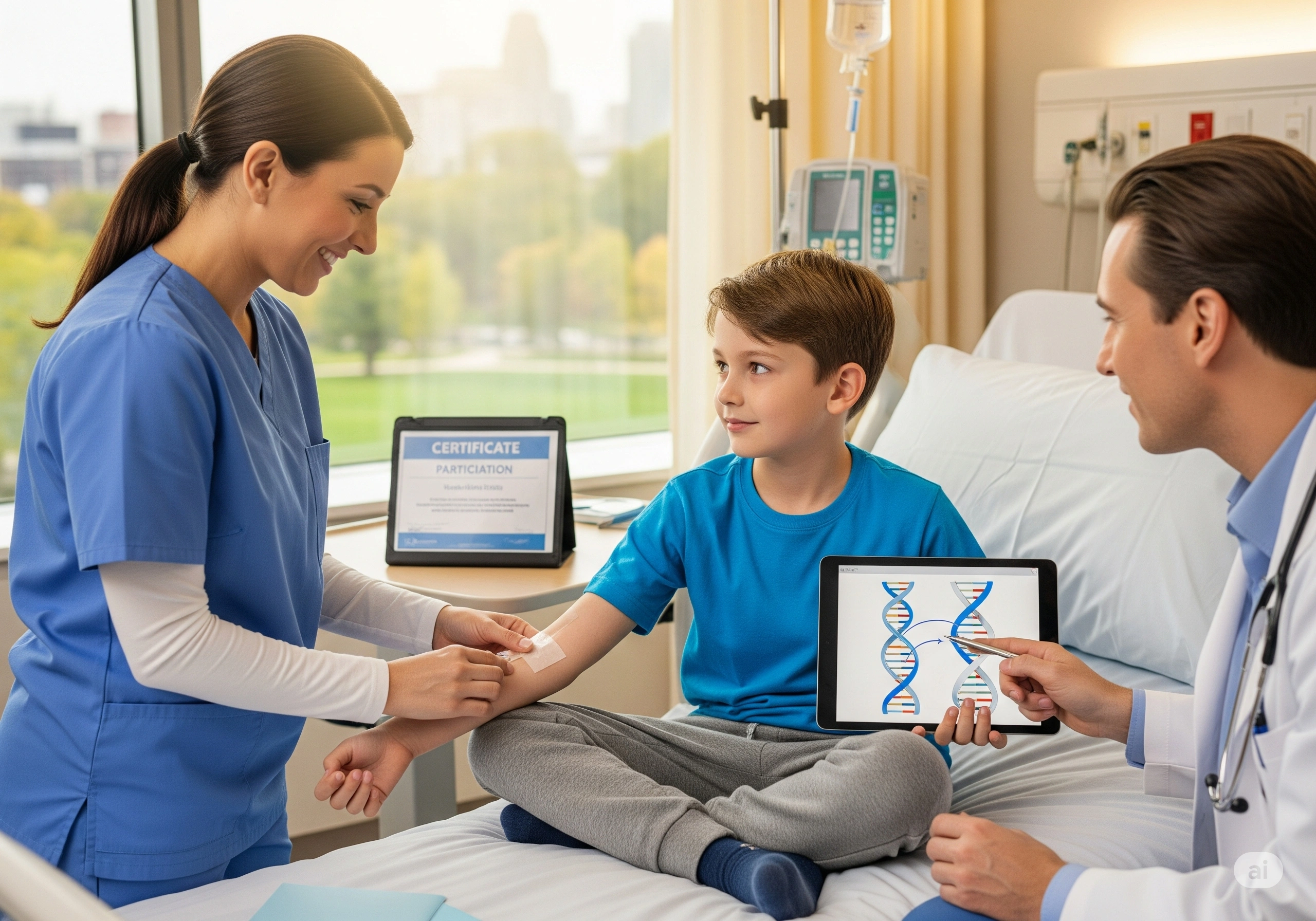 Doctor preparing gene therapy for a boy with Duchenne muscular dystrophy in a European tria