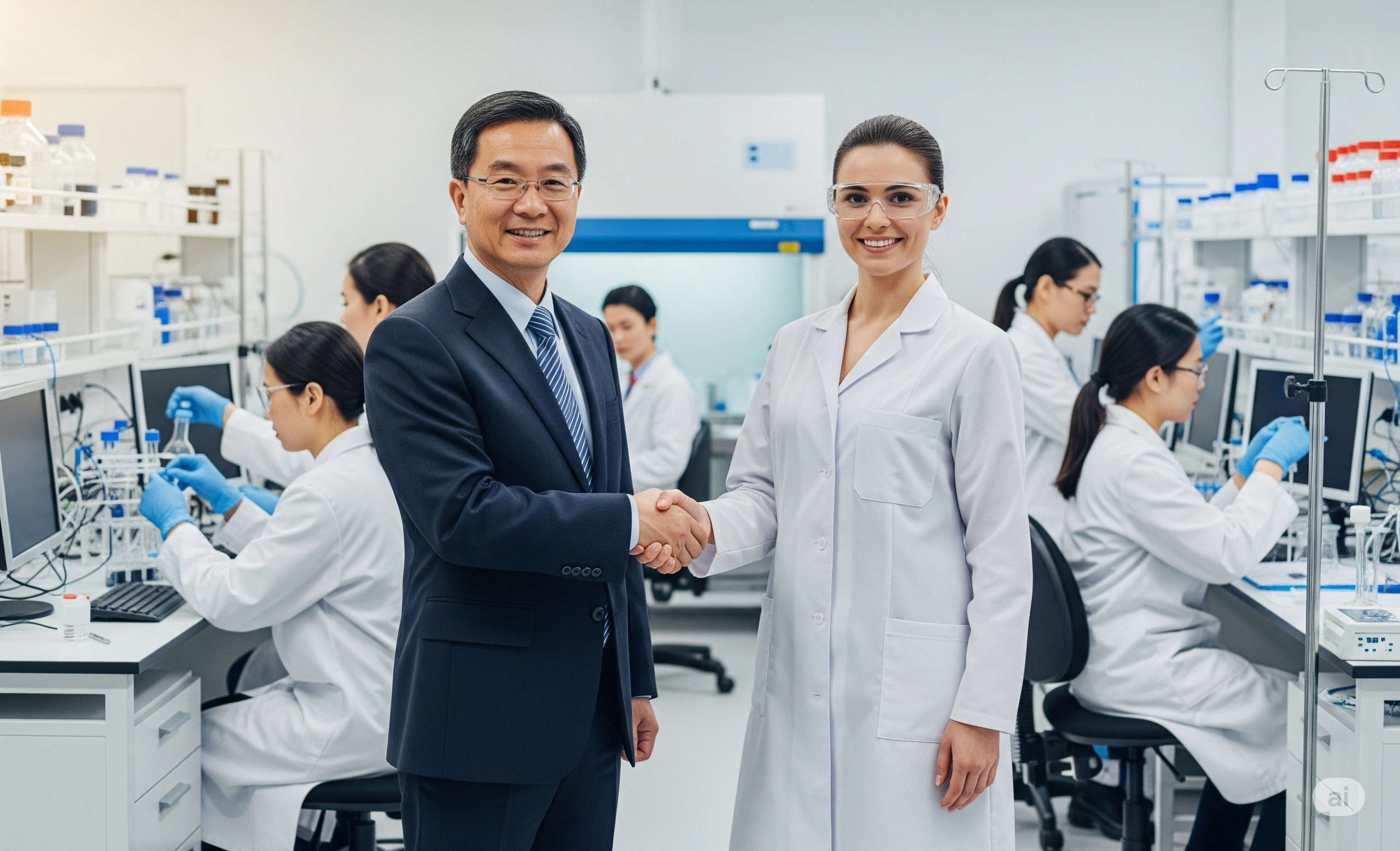 Two pharmaceutical scientists shaking hands with lungs in the background, representing a COPD drug partnership
