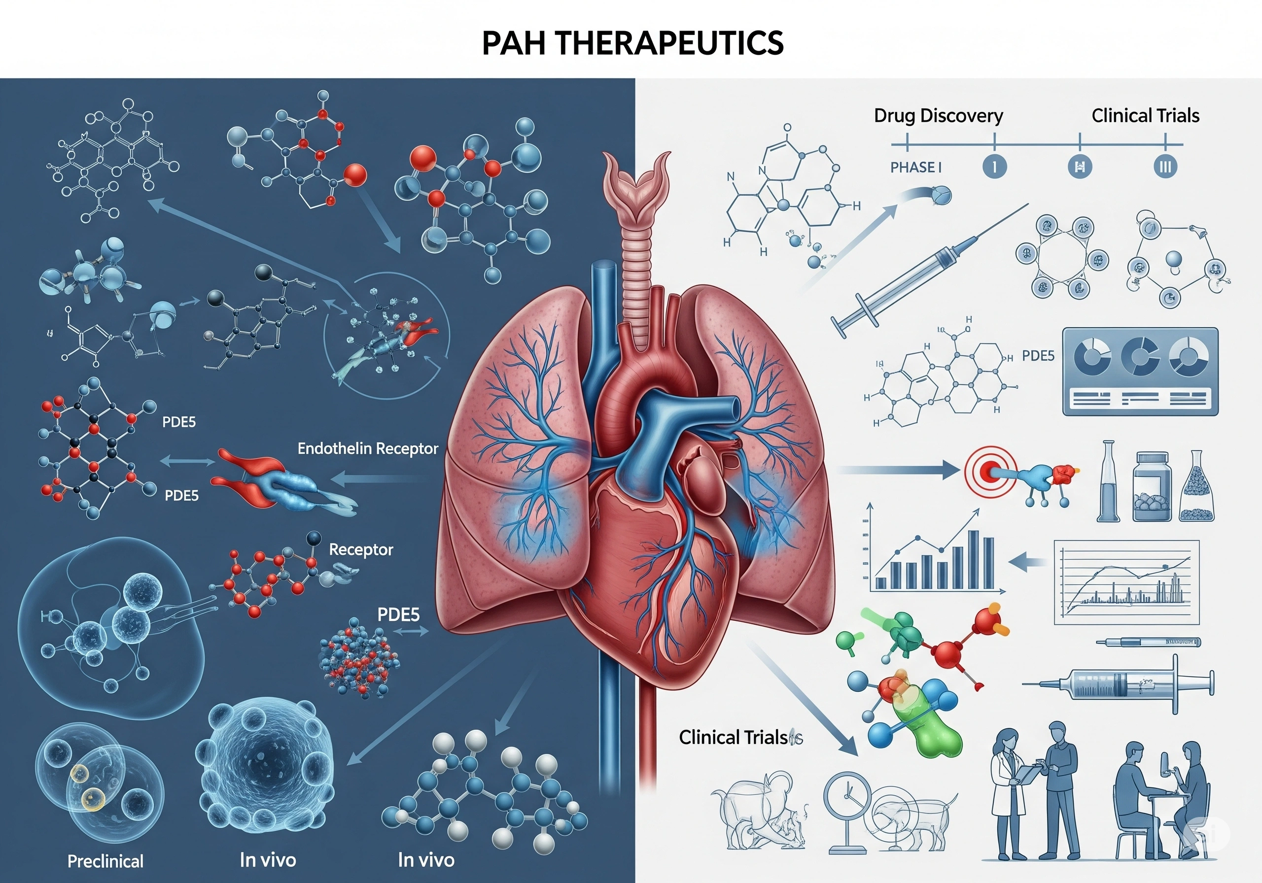 Doctor holding a model of lungs with digital PAH treatment visuals and funding icons